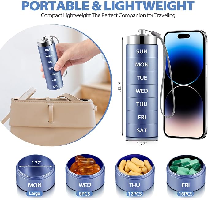 Metal Weekly Pill Organizer, Large Travel Pill Box, Weekly Pill Case | OUVBTX Aluminum Alloy Waterproof Container, 7 Day Daily Medicine Organizer for Vitamin, Fish Oil, Supplement, Dark Blue