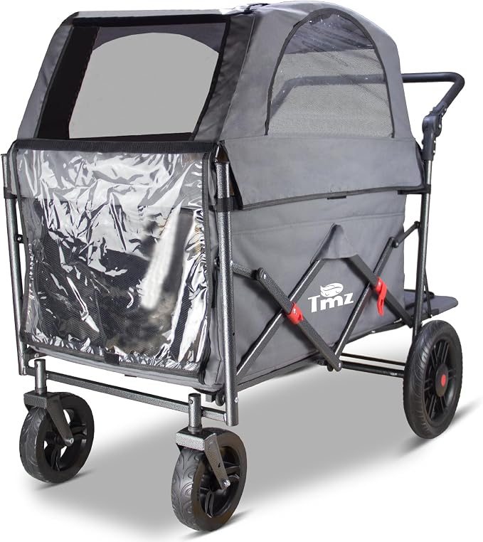 TMZ Collapsible Wagon Cart, Folding Utility Wagon with Breathable Fabric, Canopy, Expandable Storage, Adjustable Handle, Brake, Heavy Duty Cart for Walking & Camping (Grey)