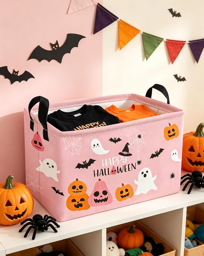 Essme Rectangular Halloween Basket,Kids Storage Bins Organizer with Handles for Room Decor, Gift Basket,Shelf Basket.(Cute Halloween)