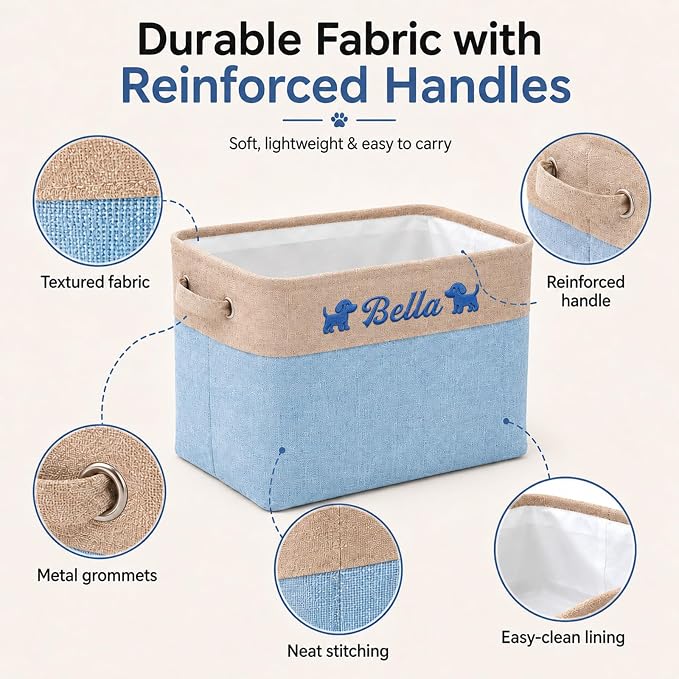 Personalized Dog Toy Storage Basket Bin with Embroidered Name | Customize a pet name and mirrored pet icons on a foldable fabric organizer for toys, leashes, blankets and pet supplies