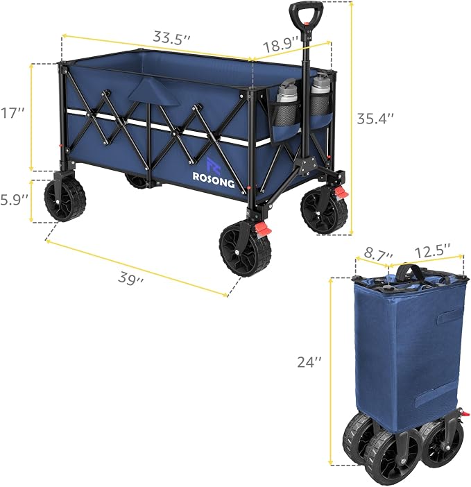 ROSONG Collapsible Wagon Cart with Wheels Foldable - Folding Utility Heavy Duty Wagons Carts for Grocery Sports Garden Shopping Camping Wheelbarrows (Navy Blue, 150L)