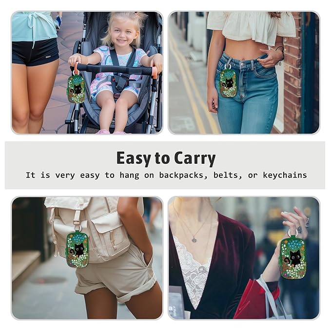 Hand Sanitizer Holder, Floral Black Cat Spray Case Zippered Pouch | Keychain, Travel Size, Cute Fashion Accessory with Snap Hook, for Glow Mist and Power Mist 1FL OZ, Mini Small Pocket Clip on