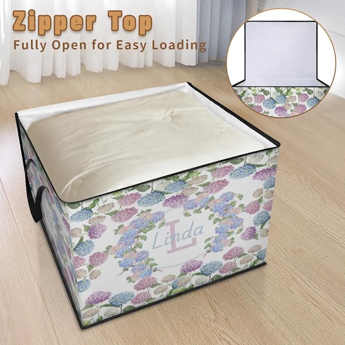 Custom Extra Large Storage Baskets with Lid, Personalized Initial Letter Storage Bins Basket Boxes Handles Clothes Blanket Bedroom Closet Organizing Shelves, Watercolor Blue Pink Hydrangea Floral