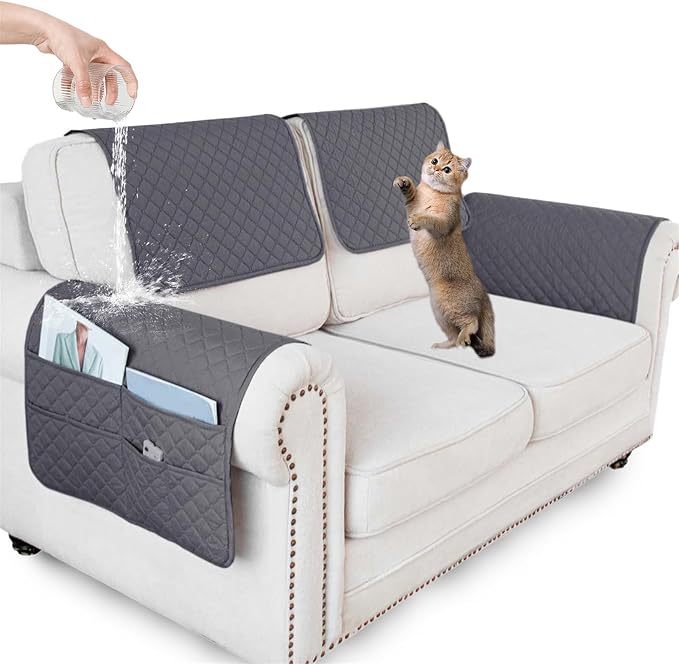 Large Polyester Armrest and Headrest Covers with 2 Pockets | Soft, smooth polyester resists daily wear nonslip silicone backing helps shield recliners and sofas from pet scratches