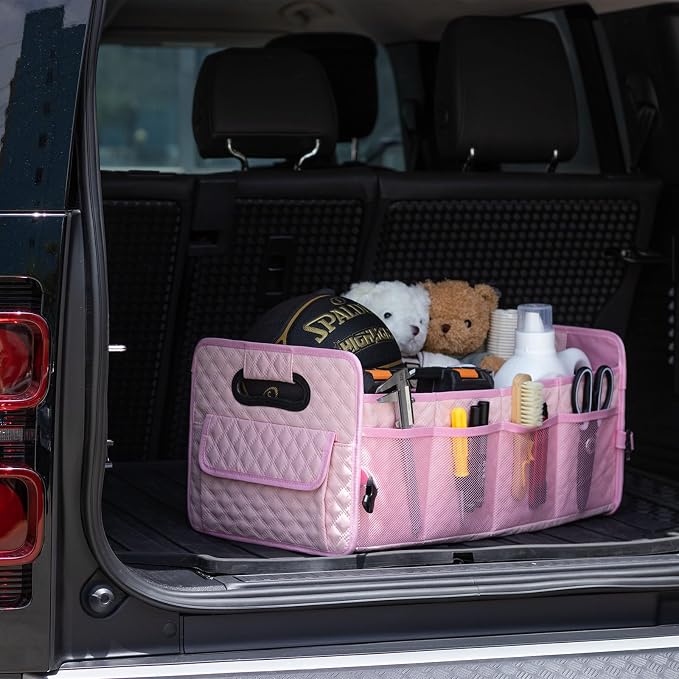 Car Trunk Organizer for SUV, Collapsible Car Storage Organizer Large Pink | Sturdy, Strong Capacity, Diamond Decor, Multi Compartment Container Box Adjustable Car Accessories for Sedan Truck