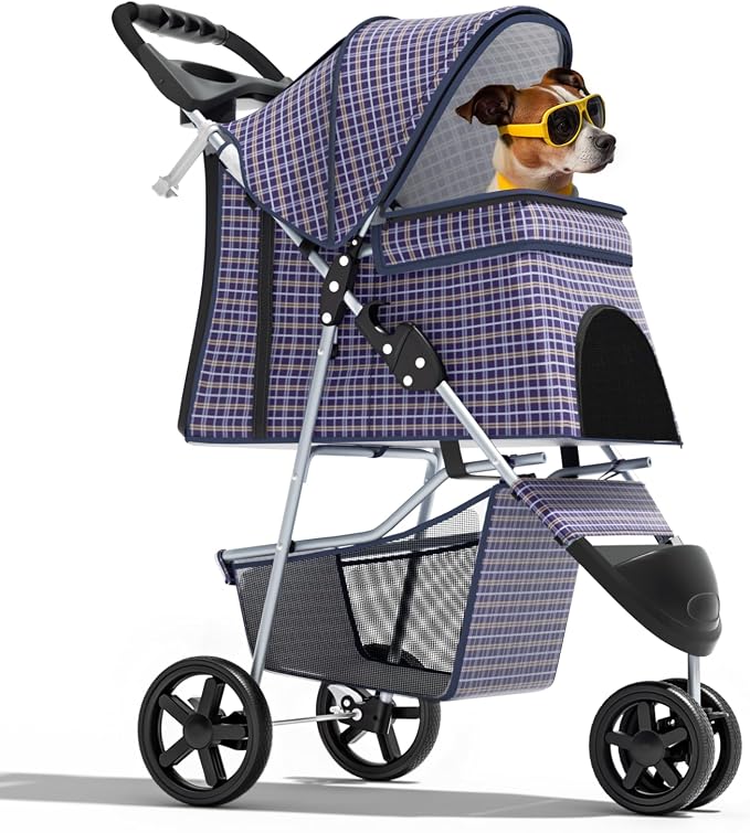 Magshion 3-Wheel Pet Stroller for Small/Medium Dogs & Cats, Up to 33lbs | Foldable Travel Jogger w/ Breathable Mesh Cover, Lightweight Design, Safety Tethers, Cup Holder & Storage Basket