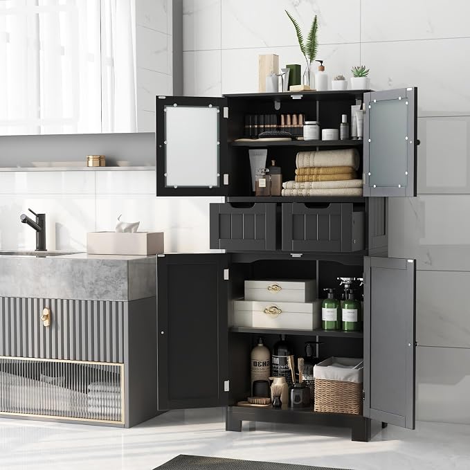 LOKO Bathroom Floor Cabinet, Storage Organizer with Glass Doors, Wooden Kitchen Cupboard with Adjustable Shelf for Living Room (Floor Cabinet with 2 Additional Drawers, Black)