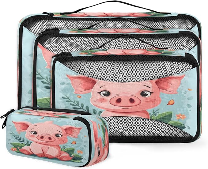 4 Set Packing Cubes for Travel, Pig Packing Cubes for Women, Travel Luggage Packing Organizers, Packing Cube Set, Animal Funny Cute Piggy