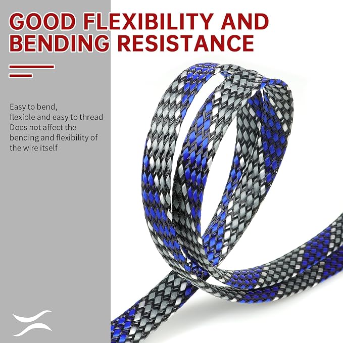 New Braid Sleeve,PP Cotton PET Braided Sleeve Tube Soft Wire Wrap Insulated Cable Protection Line Harness Sheath Daily Household Wire Management (Blue White Grey, 8mm (5/16")-49ft)