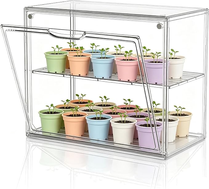 HOYOJA Large Acrylic Display Case for Collectibles, Acrylic Box with Compartment Divider Clear Mini Greenhouse for Indoor, Small Green House with Magenetic Door, 1 Pack
