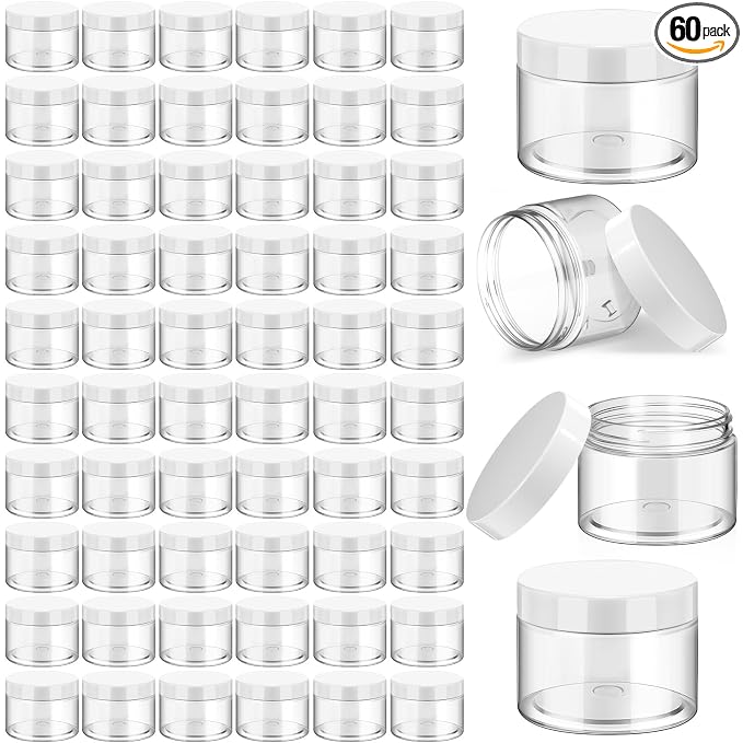 Patelai 60 Pcs Plastic Containers with Lids, Round Leakproof Cosmetic Containers, Multipurpose Storage Jars for Makeup, Lotion, Ointment, Rhinestone Samples, Dry Food and Toiletries(White,1 oz)