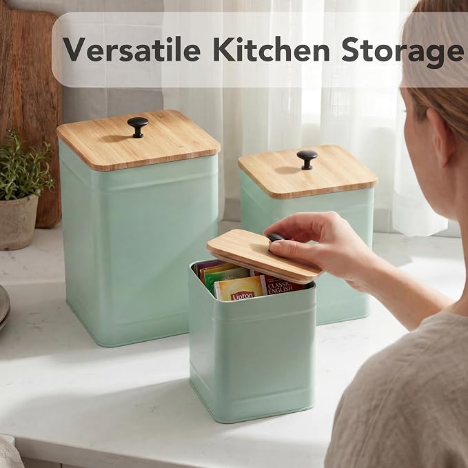 PERFNIQUE Kitchen Canisters for Countertop Set of 3, Airtight Canisters Sets for Kitchen Counter with Lid, Metal Farmhouse Food Storage Containers Jars for Flour Sugar Coffee Tea Spice (Sage Green)