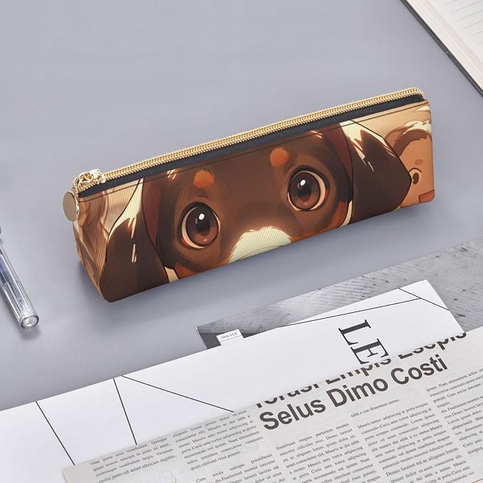 Dachshund Weiner Pet Dogs Print Pencil Case Leather Pen Bag Pencil Pouch Lovely Stationery Bag Portable Cosmetic Bag Zipper Organizer Bag