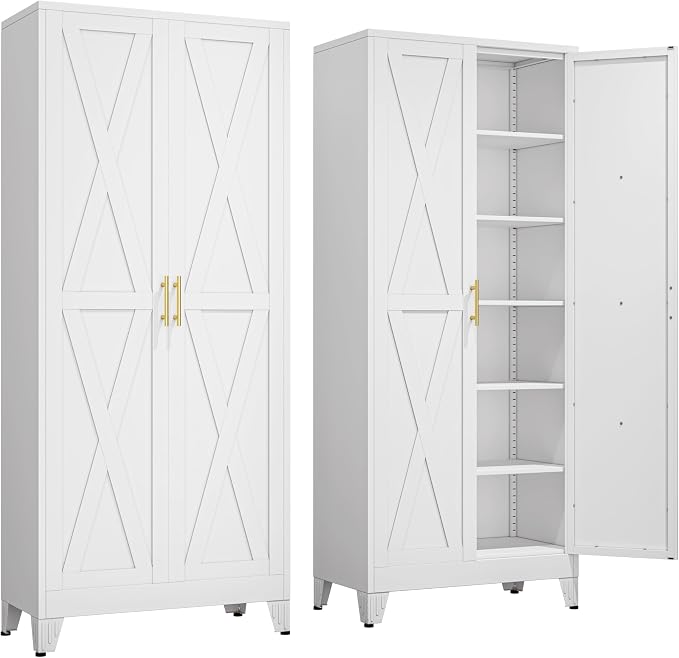 Ckzbx 75" H Metal Kitchen Pantry Storage Cabinet with Doors and Adjustable Shelves for Kitchen, Living Room, Dinning Room (White)