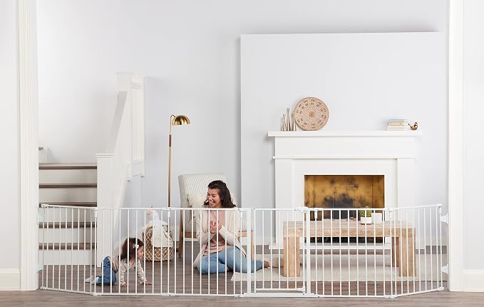 Regalo Safety 51.5"-144" Metal 2-in-1 Super Wide Baby Gate & Play Yard | Adjustable Playpen, For Doorways & Open Spaces, For Babies, Toddlers & Pets, White, Tested & Trusted for 30 Years