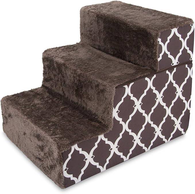 Best Pet Supplies Dog Stairs & Steps - Foam Steps for Small Dogs & Cats, Non-Slip Indoor Balanced Pet Step Support, Dog Ramp, No Assembly, Brown Lattice Print, Foldable 3-Step (16.5-inch Height)
