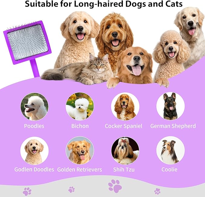 Dog Slicker Brush for Goldendoodles, Poodles & Long Haired Dogs - Long Pin Doodle Brush & Pet Comb Kit Removes Tangles Loose & Knots, Professional Grooming Tools with Wooden Handle, Purple