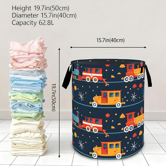 Colorful Train Laundry Basket,Dirty Clothes Hamper,Retro Cartoon Locomotive Storage Bin Gifts,Foldable Waterproof Oxford Cloth Baskets for Bathroom,Bedroom,Home Decoration(19.7" x 15.7")