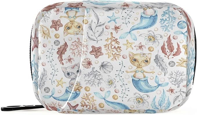 Watercolor Cat Mermaid Pill Box 7 Day Pill Case Travel Pill Organizer Bag with Zipper Portable Weekly Case Compact Size for Vitamin Supplement Holder
