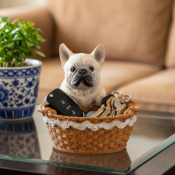 Cute French Bulldog Candy Bowl, Resin Dog Figurine Key Bowl for Entryway Table, Desktop Storage Basket Organizer for Desk, Unique Dog Lover Gift