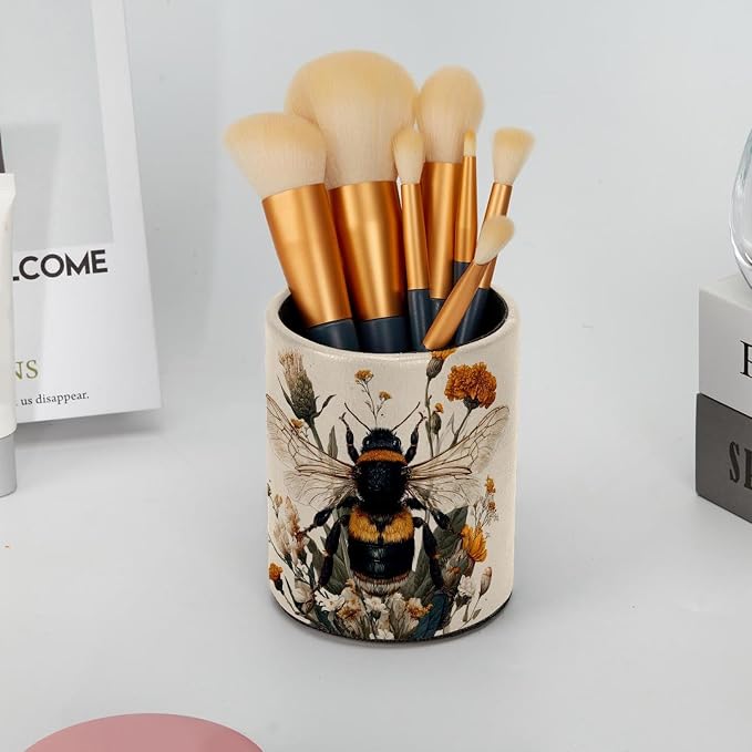Faux Leather Pen Holder for Desk, Pencil Organizer Cute Bee Pen Cup Desk Decor Makeup Brush Holder Storage for Office Home