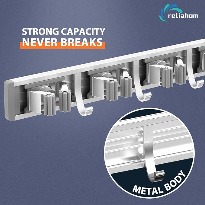 reliahom Broom Holder Wall Mount Mop Hanger Tools organizer 5Racks4Hooks,2P | Adjustable Mop Broom Wall Hanging Heavy Duty Tools Storage Rack Space-saving for Garage,Kitchen,Laundry Room,Garden, Silver