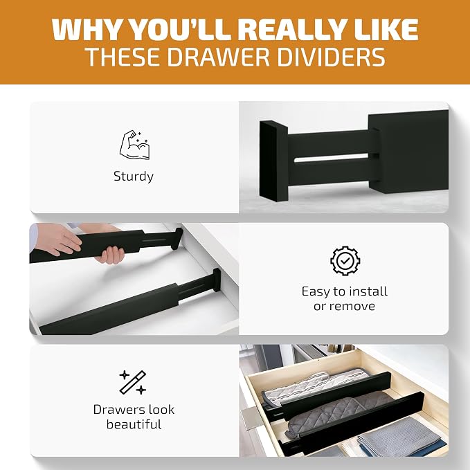 4-Pack Drawer Dividers 2.6-Inch High Dresser Organizer 16 to 22 Inch, Black | Bamboo, Spring Loaded, No Tools Needed, Fits Wide Drawers for Socks, Clothes, Utensils, Bedroom, Bathroom, Kitchen, Office