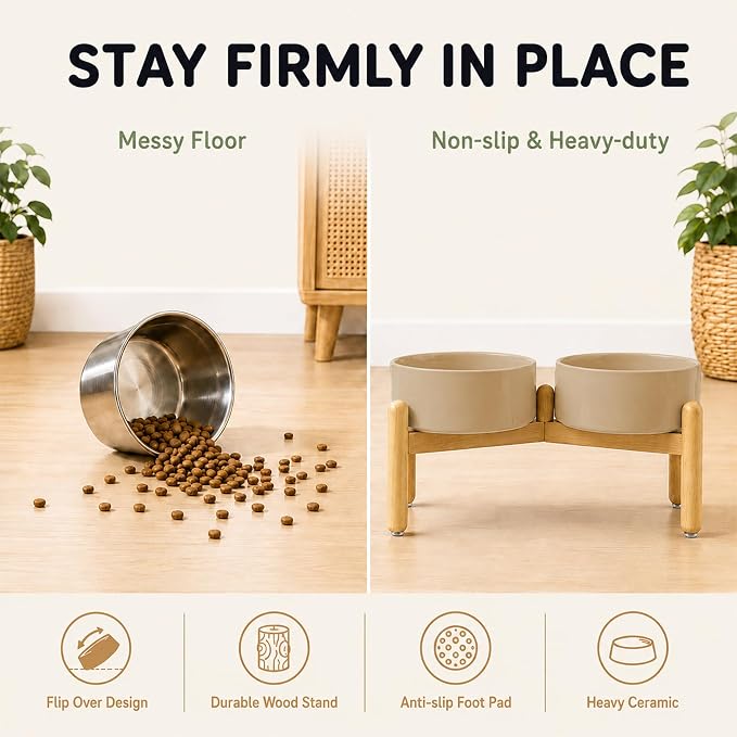 Havniva Ceramic Dog Bowls Elevated, Raised Dog Food Bowl for Small Dogs | 7.3” Elevated Dog Bowls, Non-Slip Wood Stand, Dog Food and Water Bowl Set, Dog Feeding Dish, Large Capacity Pet Water Bowl