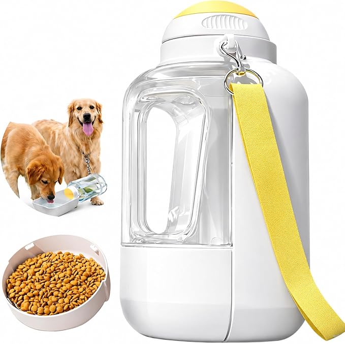 Dog Water Bottle with Food Container, 32oz Leak-Proof 3-in-1 Portable Dog Travel Water Bottle with 10oz Food Storage, Twist Dispensing Pet Water Dispenser for Walking Hiking Camping, White