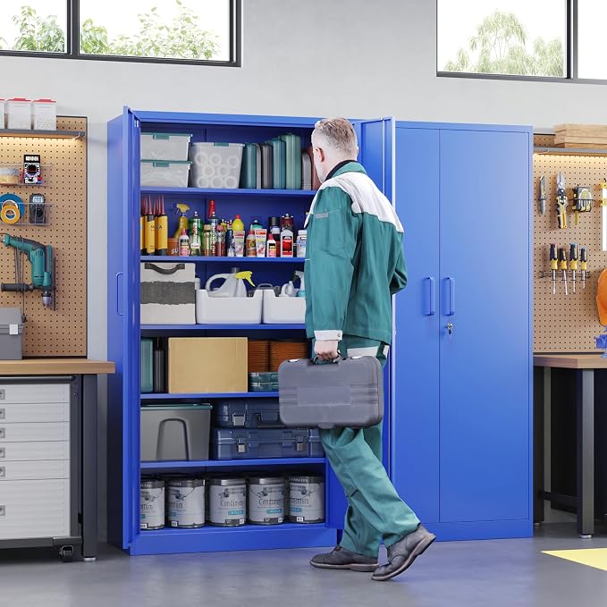 Metal Garage Storage Cabinets with Lock Door and Adjustable Shelves, Steel Tool Cabinets for Home,Office,Warehouse Organisieren (Blue)