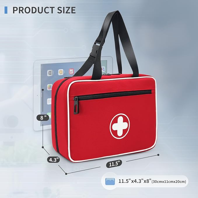 Portable First Aid Bag, Empty Emergency Trauma Kit with Reflective Strips, Multi-Compartment Medical Organizer for Travel, Camping, Car, Outdoor and Home, BAG ONLY (Red)