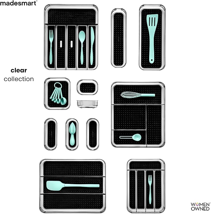 madesmart Clear 4 Compartment Drawer Organizer, Carbon | non slip feet, rounded corners, see through design, soft grip base, open sections, cords tech accessories, woman owned