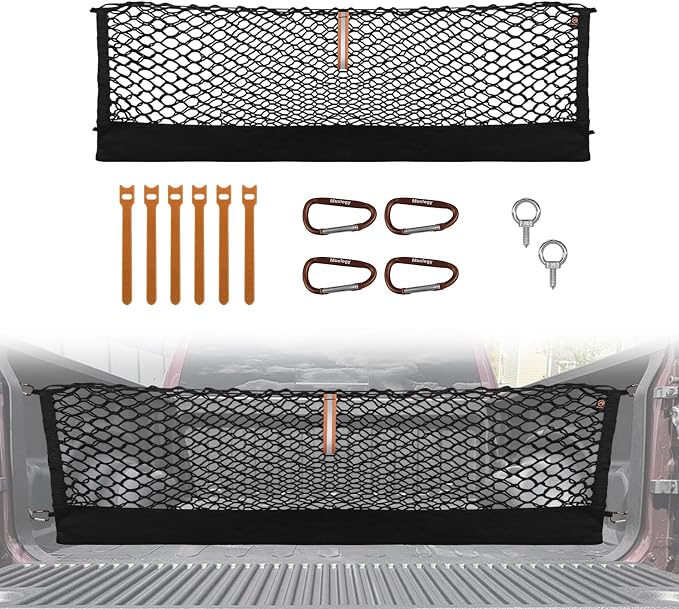 Muslogy Cargo Net for Dodge Ram 1500 2019-2025 2026 Accessories | Custom Fit, Truck Bed Storage Organizer Net for Pickup Truck Bed Divider, Heavy Duty Carabiners, Night Visible Grab Handle