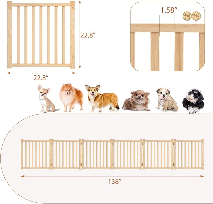 YOCAN Non-Painted Wooden Freestanding Dog Gates -6 Panel H:23” | Pet Gate for The House,Doorways, Stairs,Wood Dog Fences Indoor Pet Gate,Step Over Fence