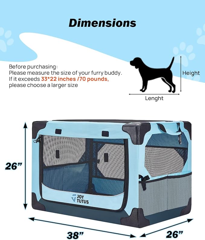 JOYTUTUS Collapsible Dog Crate, 38 Inch Portable Pet Crate for Car, Travel Dog Kennel Foldable Dog Crate for Large Dog 70lbs, Soft Cat Carrier Fit for Indoor & Outdoor/Trunk (Blue)