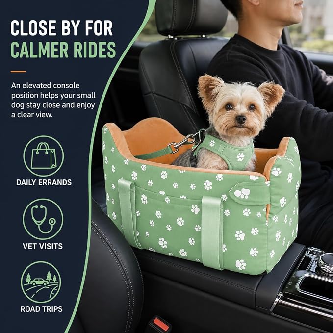Dog Center Console Car Seat for Small Dogs Under 15lbs,Detachable Washable Booster Pet Car Seat Travel Bed with Storage Pockets and Seat Belt(Green)