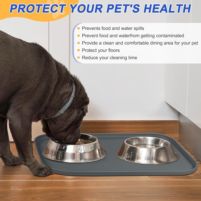 SMILOOL Silicone Pet Feeding Mat with Raised Edge for Food and Water, Dog Bowl Mats, Cat Bowls Placemat with High Lip for Floor Waterproof, Rubber Tray for Cats and Dogs 22 x 14 x 0.8 Dark Grey