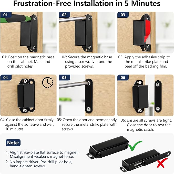 Strong Cabinet Magnets for Closure 40 lbs 4 Pack - Hold Warped Doors Tight | Magnetic Door Catches/Latches Black for Cupboard Closet Drawer Window - Strip-Proof Screws Install in 5 Mins