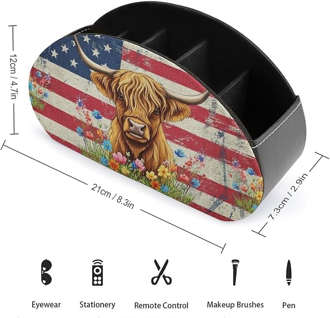 Remote Control Holder Box American Flag Highland Cow Desk Storage Caddy | with 5 Compartments, American Flag Highland Cow Office Supplies Table Decor for Media Player, Stationery, Makeup Brush