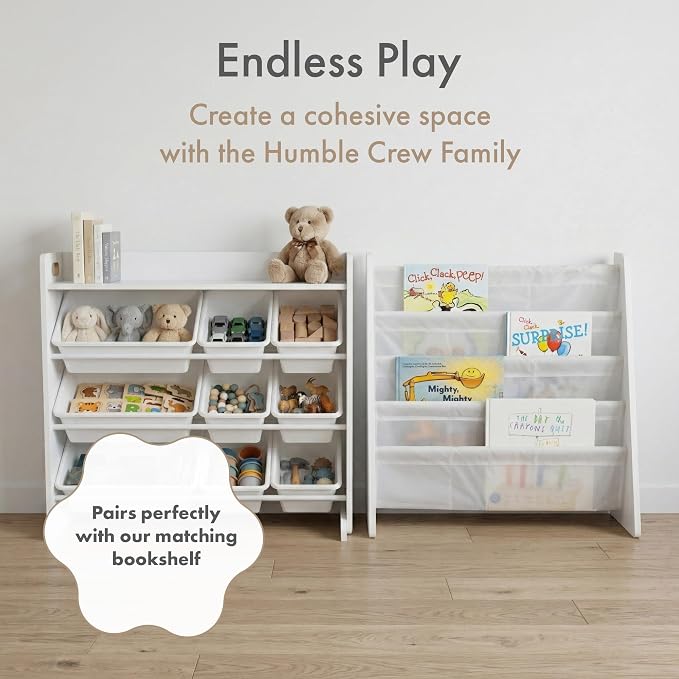 Humble Crew Kids Toy Organizer with Display Shelf, 9 Bins, 3 Tier Storage | Sturdy wood and steel toddler shelf, removable BPA-free containers, wall anchor anti-tip safety kit for bedroom or classroom