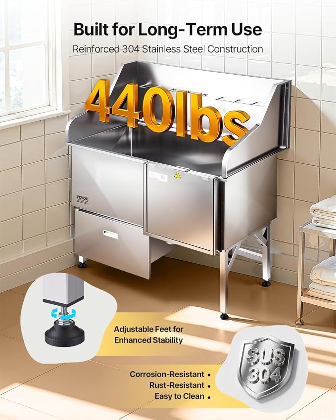 VEVOR Professional 304 Stainless Steel Dog Bathing Station, 50 inch Pet Grooming Tub w/Anti-Slip ramp, Storage Drawer, Cold Hot Faucet Showerhead, for Large & Medium & Small (Right Door, with Drawer)
