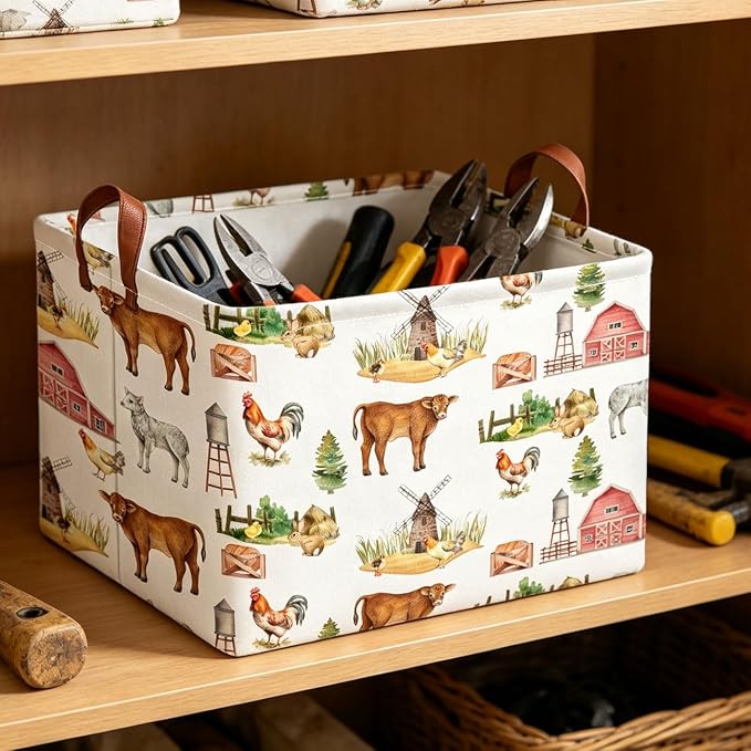 Rectangle Storage Basket with Handles,Collapsible Storage Bin,Books Box,Gift Basket(Farm)