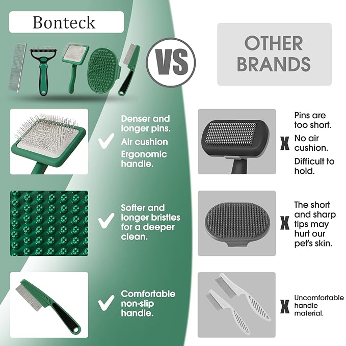 Bonteck Dog Slicker Brush for Dogs Grooming Kit 4PCS | Large Dog Brush for Goldendoodles Poodles Doodles | Long Pin Haired Brush | Poodle Brushes and Comb (Green)