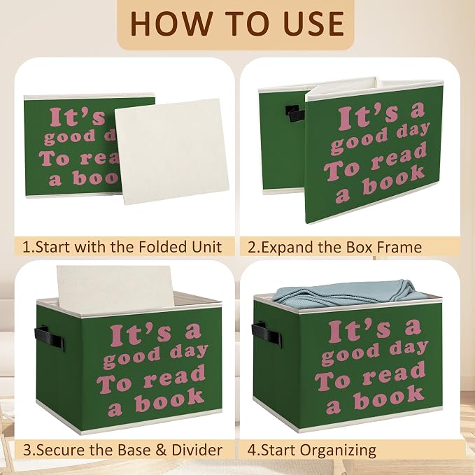 Green Classroom Book Foldable Storage Bins Box with Handles, It's Good Day to Read a Book Decorative Storage Boxes Baskets Toybox Organizer for Library Reading Room Classroom Kids Room