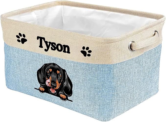 Personalized Fabric Dog Toy Storage Basket with Cute Dog Dachshund Collapsible Sturdy Fabric Pet Toys Storage Bin Cube with Handles for Organizing, Blue amd White