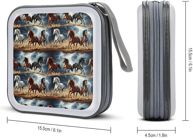 Hard Plastic Protective CD Case Running Horse, 40-Disc Capacity Storage Binder with Zipper, Portable Organizer for Home Office