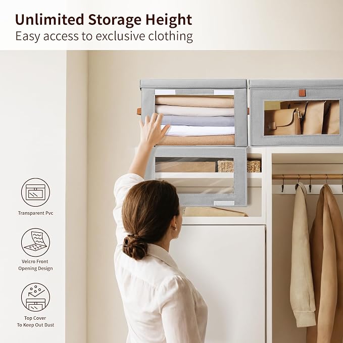 Large Closet Storage Organizer - Clothes Storage Bins with Handles & Window, Collapsible Decorative Boxes with Lids, Fabric Containers for Living Room, Dorm, 5 Pack, Grey