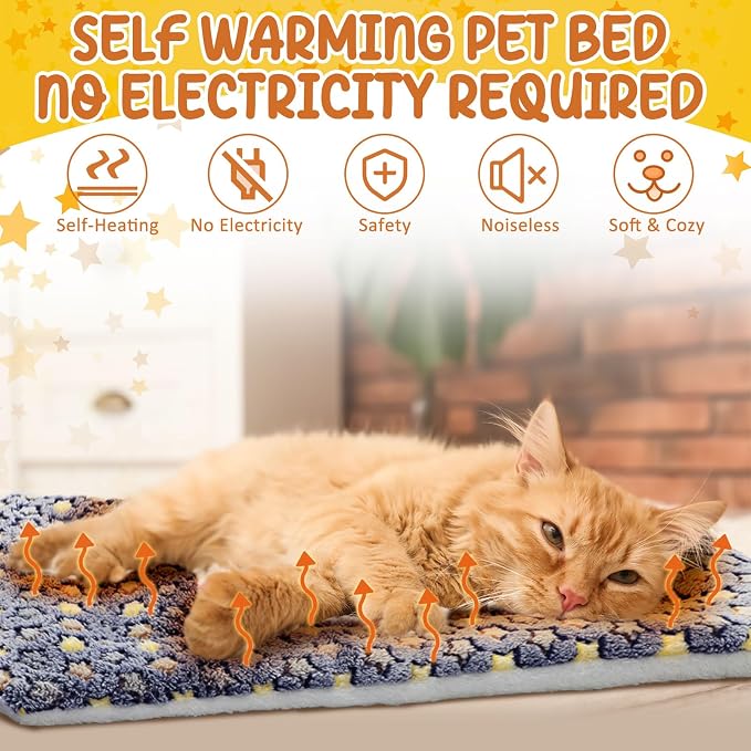 2 Pack Self Warming Cat Mat Self Heating Pad Bed Reversible Machine Washable Reflects Body Heat Warm Thermal Pet Pad Crate Blanket for Feral and Indoor Cat (Dark Grey,21" X 14",Star)