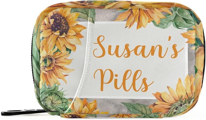 Custom Pill Box 7 Day Pill Case Bag Sunflower Personalized Name Travel Pill Organizer Bag with Zipper Portable Weekly Case Compact Size for Vitamin Supplement Holder