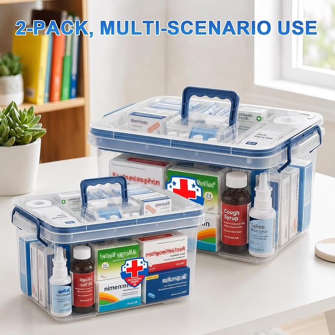 2 Pack Clear Medicine Organizer Box with Handle, Plastic Medicine Container with Tray First Aid Box Empty, Thickened Medicine Storage Organizer Multipurpose Medication Organizer Storage, Blue
